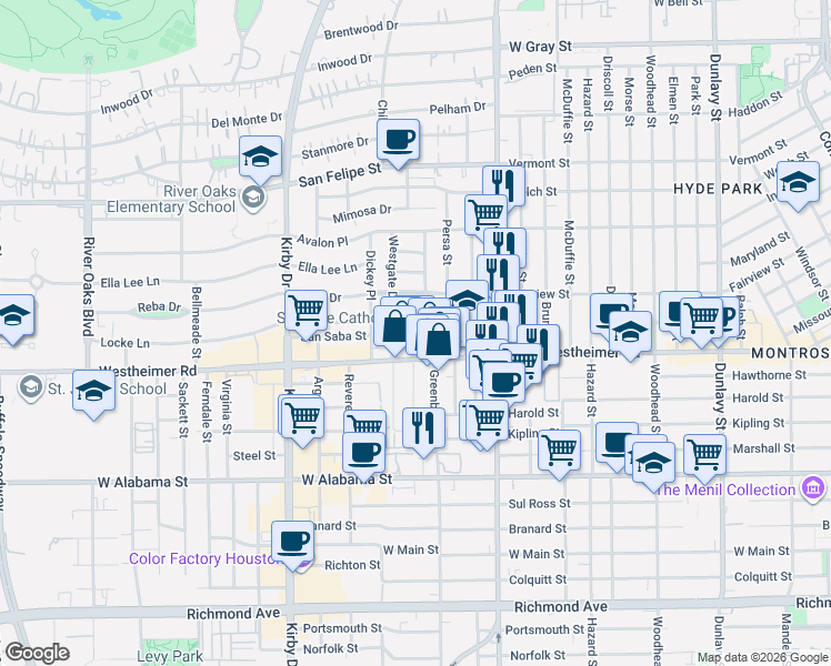 map of restaurants, bars, coffee shops, grocery stores, and more near 2510 Kingston Street in Houston