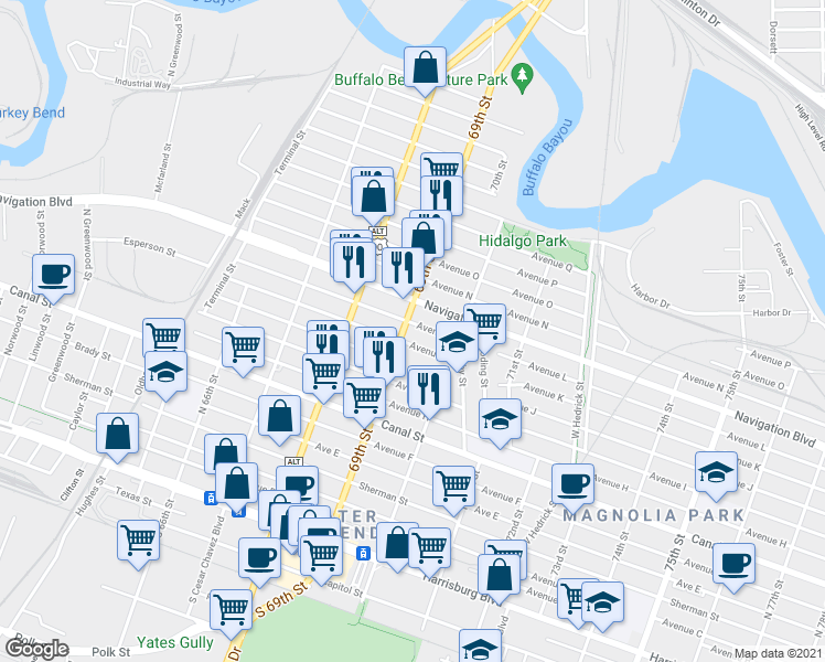 map of restaurants, bars, coffee shops, grocery stores, and more near 6906 Avenue L in Houston