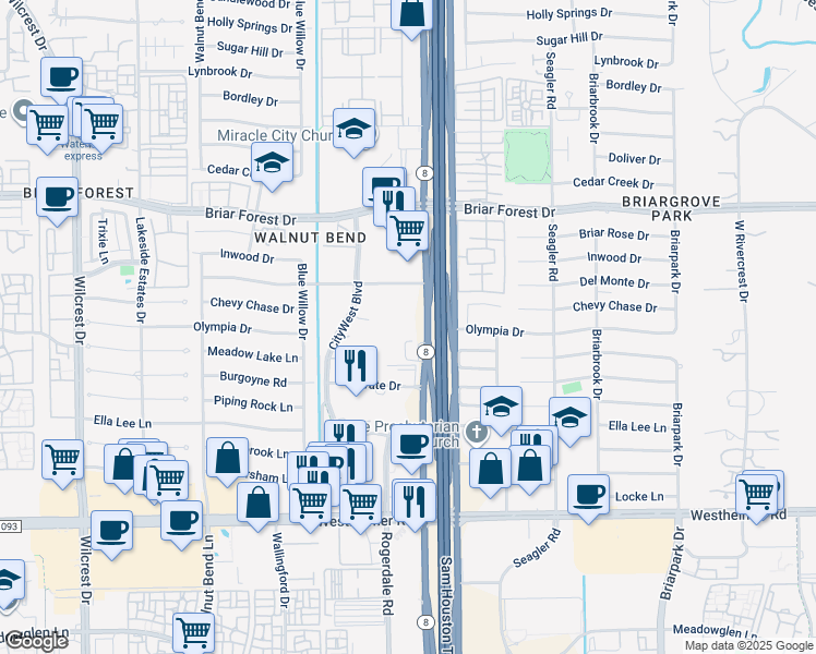 map of restaurants, bars, coffee shops, grocery stores, and more near 2105 CityWest Boulevard in Houston