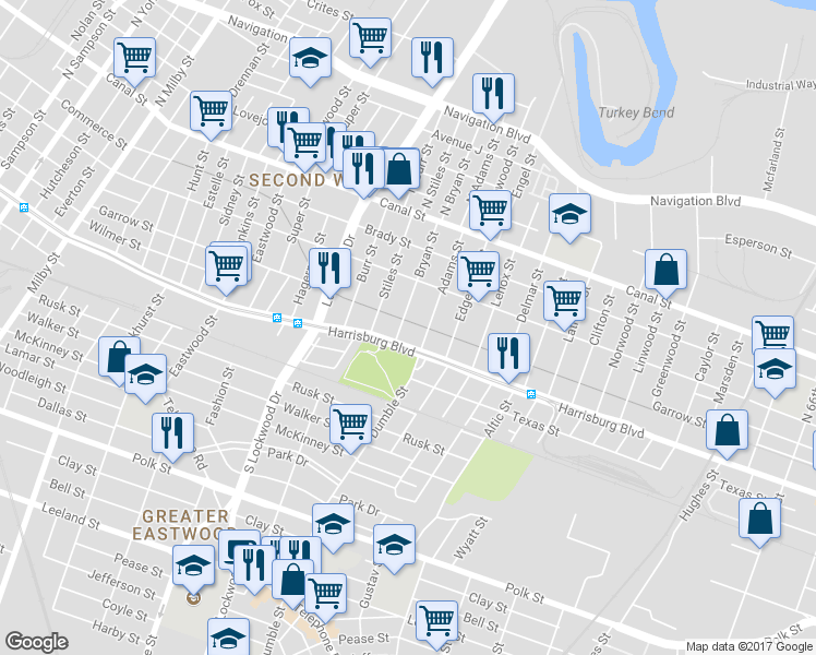 map of restaurants, bars, coffee shops, grocery stores, and more near 301 Bryan Street in Houston