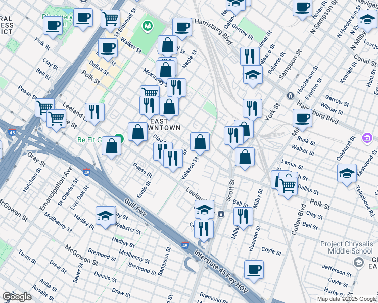 map of restaurants, bars, coffee shops, grocery stores, and more near 1311 Palmer Street in Houston