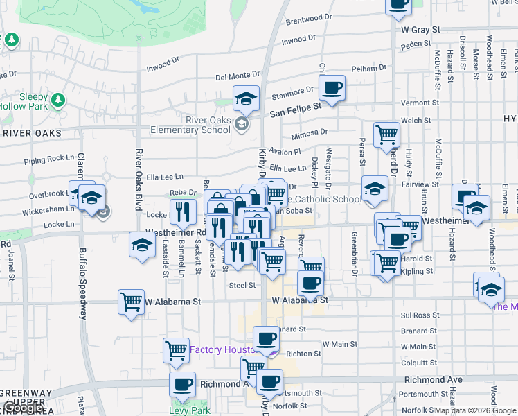 map of restaurants, bars, coffee shops, grocery stores, and more near 3005 Locke Lane in Houston