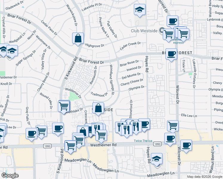 map of restaurants, bars, coffee shops, grocery stores, and more near 2126 Woodland Springs Street in Houston