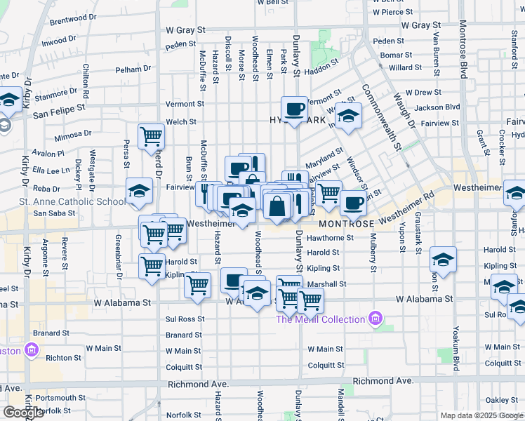 map of restaurants, bars, coffee shops, grocery stores, and more near 2507 Woodhead Street in Houston