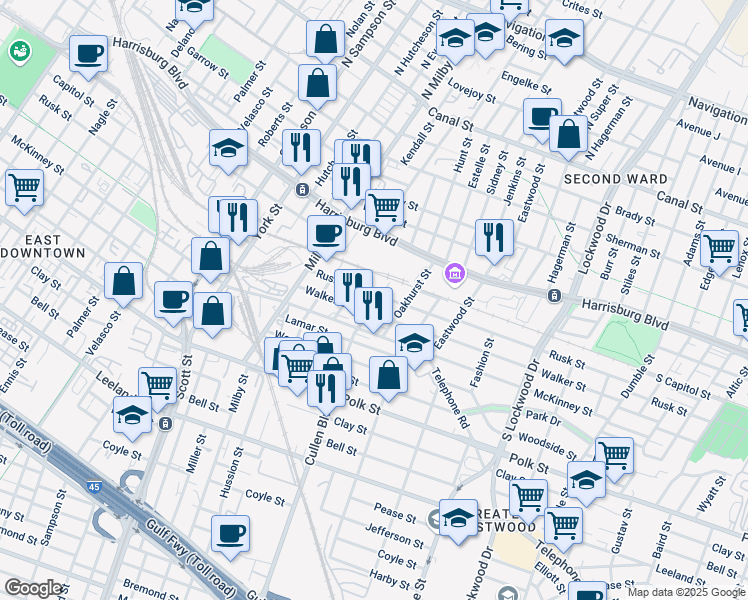 map of restaurants, bars, coffee shops, grocery stores, and more near 806 Cullen Blvd in Houston