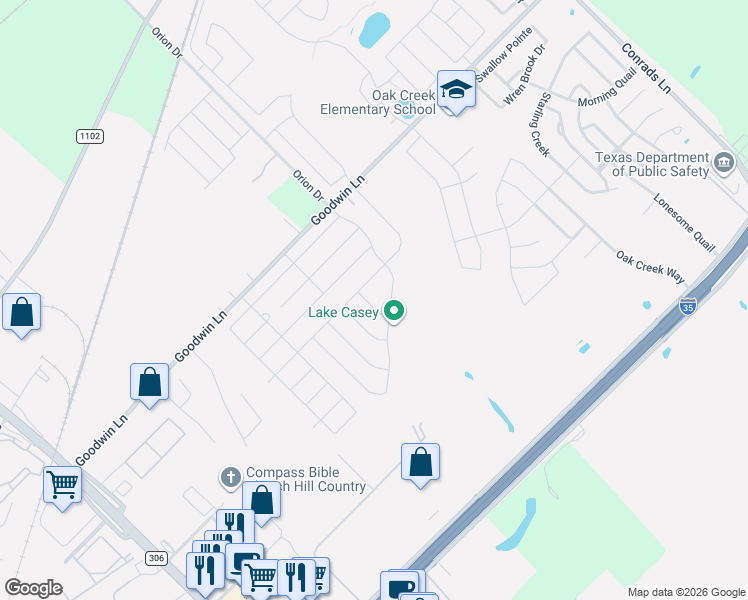 map of restaurants, bars, coffee shops, grocery stores, and more near 365 Orion Drive in New Braunfels