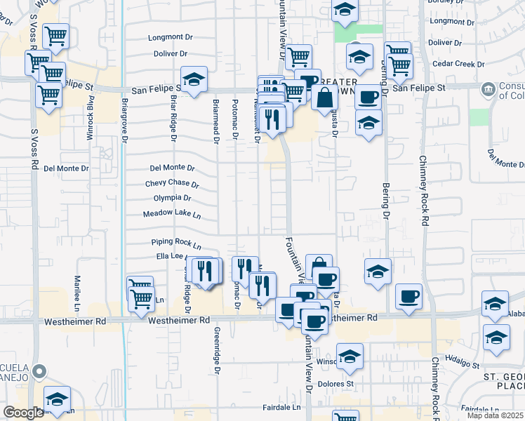map of restaurants, bars, coffee shops, grocery stores, and more near 2219 Nantucket Drive in Houston