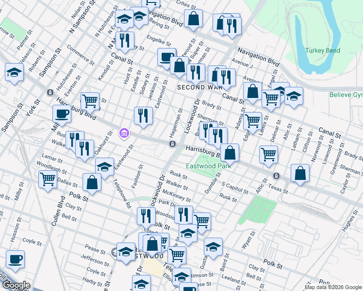 map of restaurants, bars, coffee shops, grocery stores, and more near Harrisburg Blvd & S Lockwood Dr in Houston