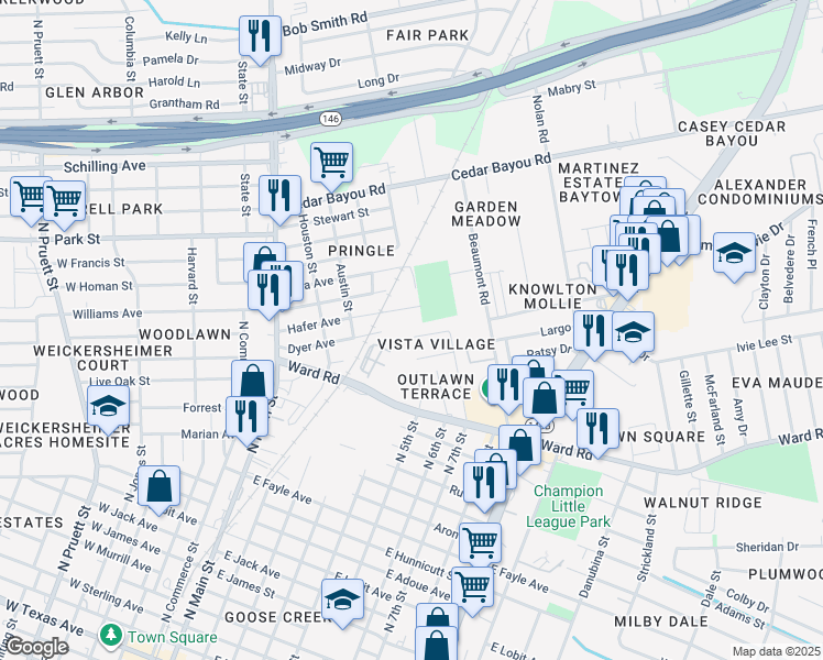 map of restaurants, bars, coffee shops, grocery stores, and more near 500 Vista Avenue in Baytown