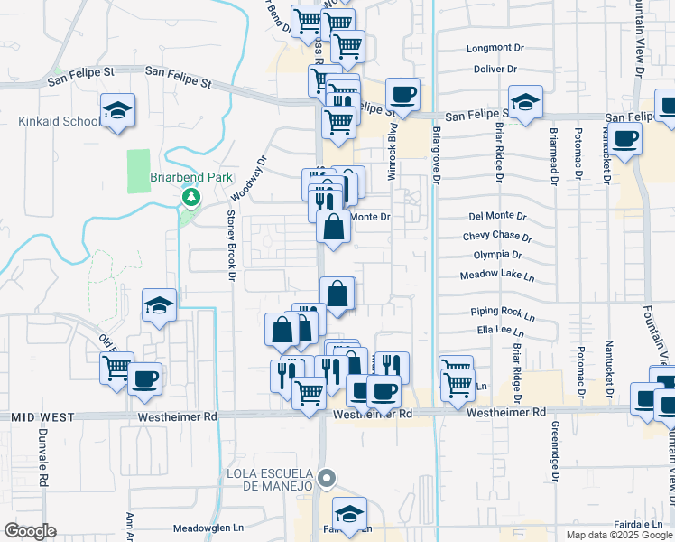map of restaurants, bars, coffee shops, grocery stores, and more near 2251 South Voss Road in Houston