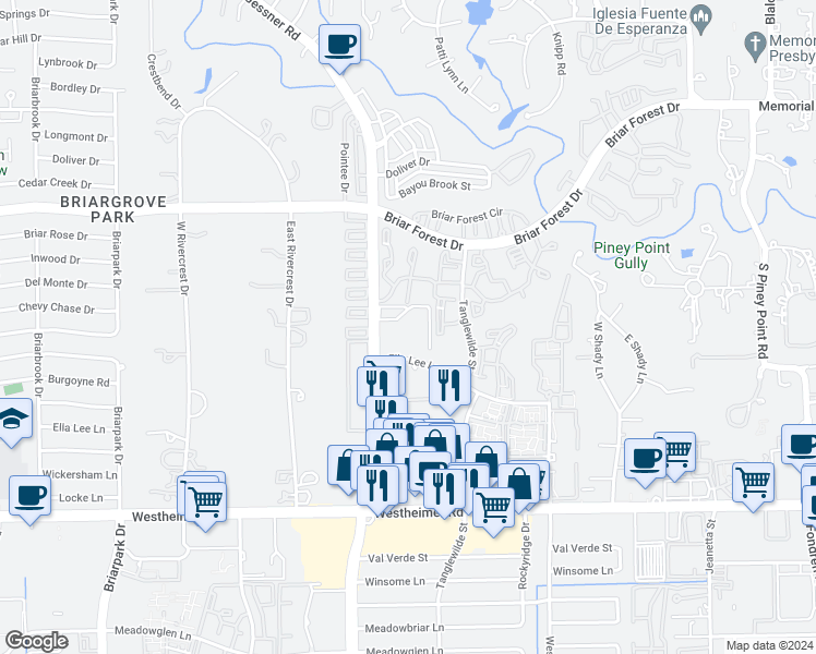 map of restaurants, bars, coffee shops, grocery stores, and more near 2055 S Gessner Rd in Houston