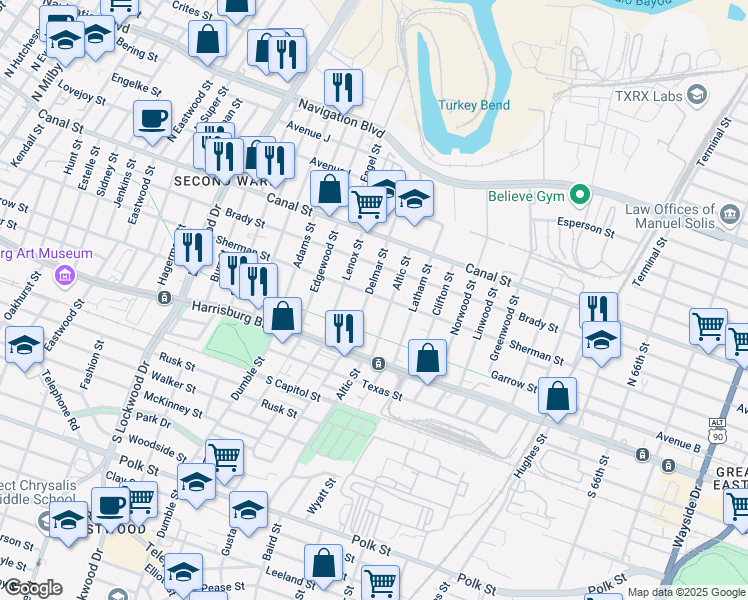 map of restaurants, bars, coffee shops, grocery stores, and more near 201 Delmar Street in Houston