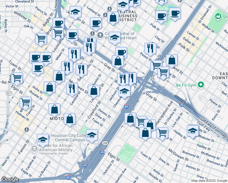 map of restaurants, bars, coffee shops, grocery stores, and more near 2310 Jackson Street in Houston
