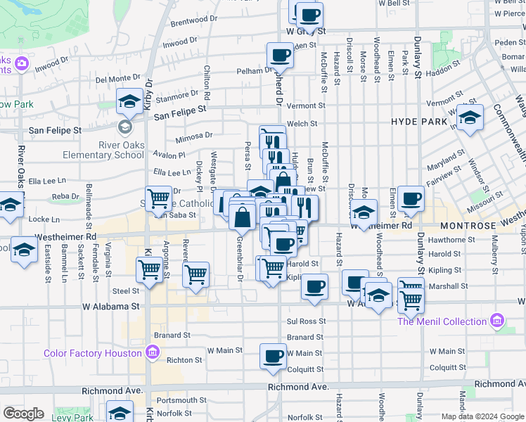 map of restaurants, bars, coffee shops, grocery stores, and more near 2120 Westheimer Road in Houston