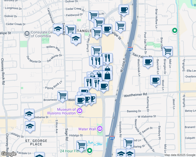map of restaurants, bars, coffee shops, grocery stores, and more near 2200 Post Oak Boulevard in Houston