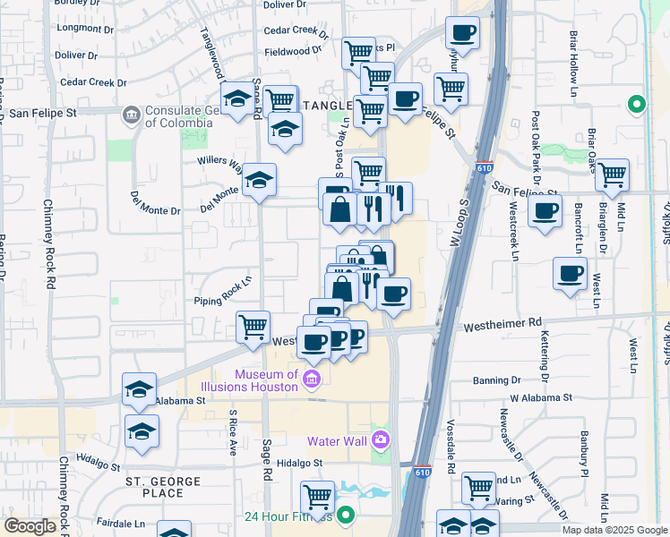 map of restaurants, bars, coffee shops, grocery stores, and more near 2525 McCue Road in Houston