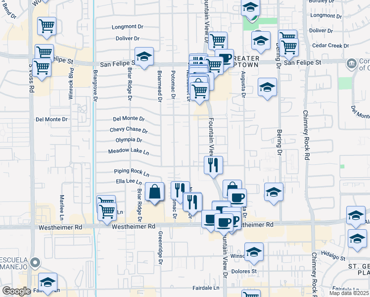 map of restaurants, bars, coffee shops, grocery stores, and more near 2219 Nantucket Drive in Houston