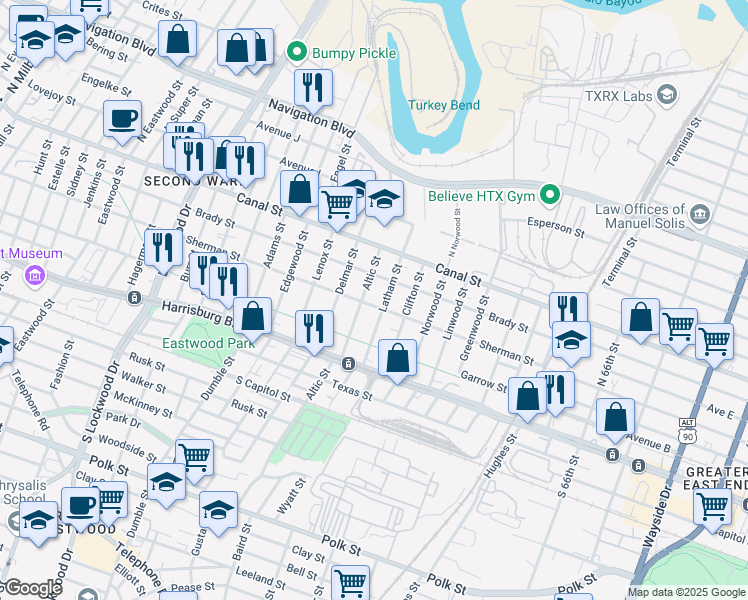 map of restaurants, bars, coffee shops, grocery stores, and more near 5515 Sherman Street in Houston