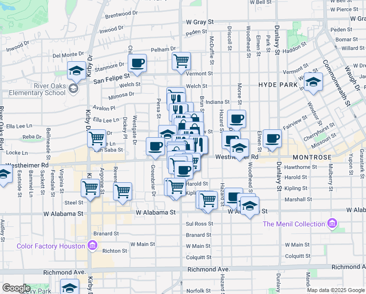 map of restaurants, bars, coffee shops, grocery stores, and more near 2501 Shepherd Drive in Houston
