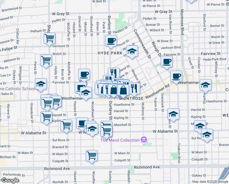 map of restaurants, bars, coffee shops, grocery stores, and more near 2506 Ralph Street in Houston