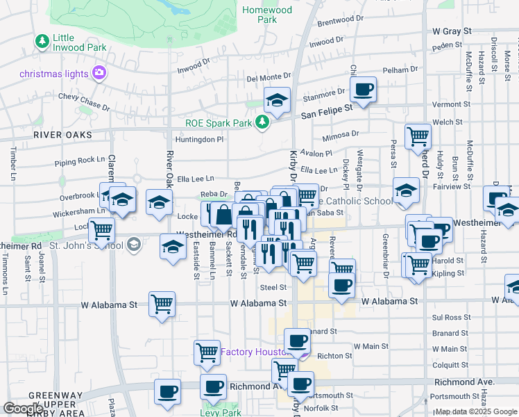 map of restaurants, bars, coffee shops, grocery stores, and more near 3044 Locke Lane in Houston