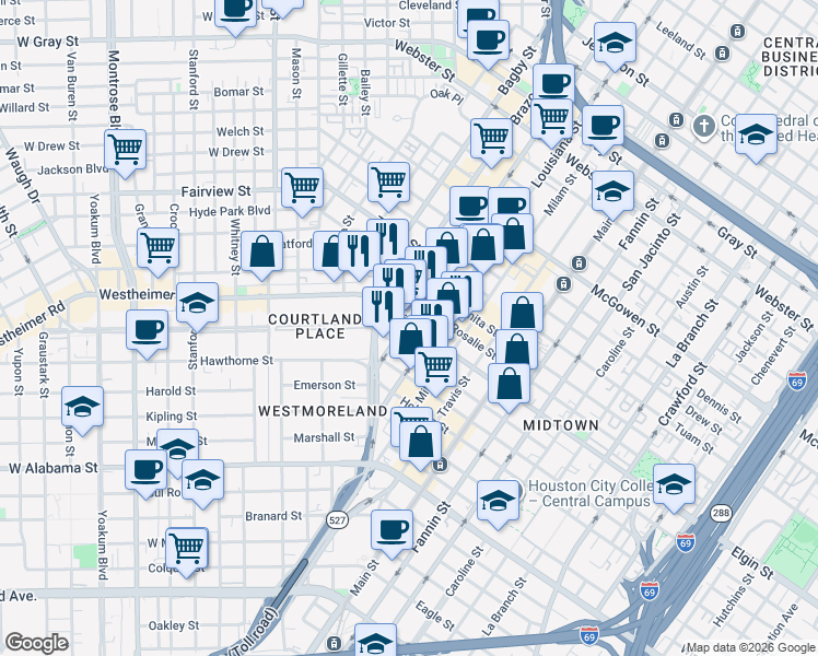 map of restaurants, bars, coffee shops, grocery stores, and more near 614 Elgin Street in Houston