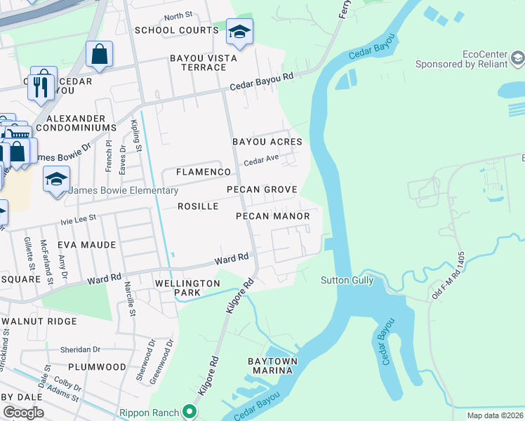 map of restaurants, bars, coffee shops, grocery stores, and more near 2510 Pecan Manor Street in Baytown