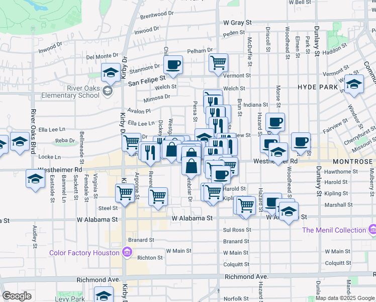 map of restaurants, bars, coffee shops, grocery stores, and more near 2505 Kingston Street in Houston