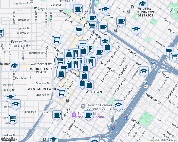 map of restaurants, bars, coffee shops, grocery stores, and more near 2811 Travis Street in Houston