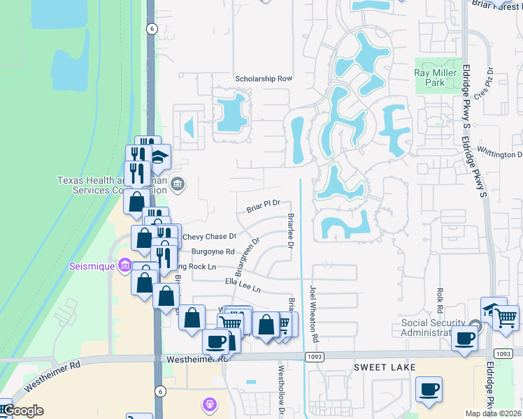 map of restaurants, bars, coffee shops, grocery stores, and more near 13915 Briar Place Drive in Houston
