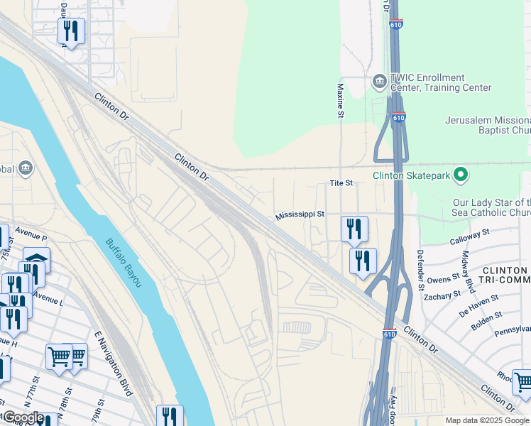 map of restaurants, bars, coffee shops, grocery stores, and more near 8675 Clinton Drive in Houston