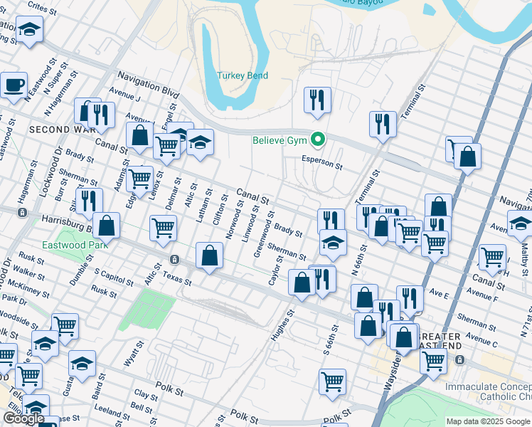 map of restaurants, bars, coffee shops, grocery stores, and more near 20 Greenwood St in Houston