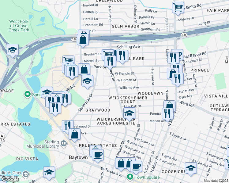 map of restaurants, bars, coffee shops, grocery stores, and more near 1409 North Pruett Street in Baytown