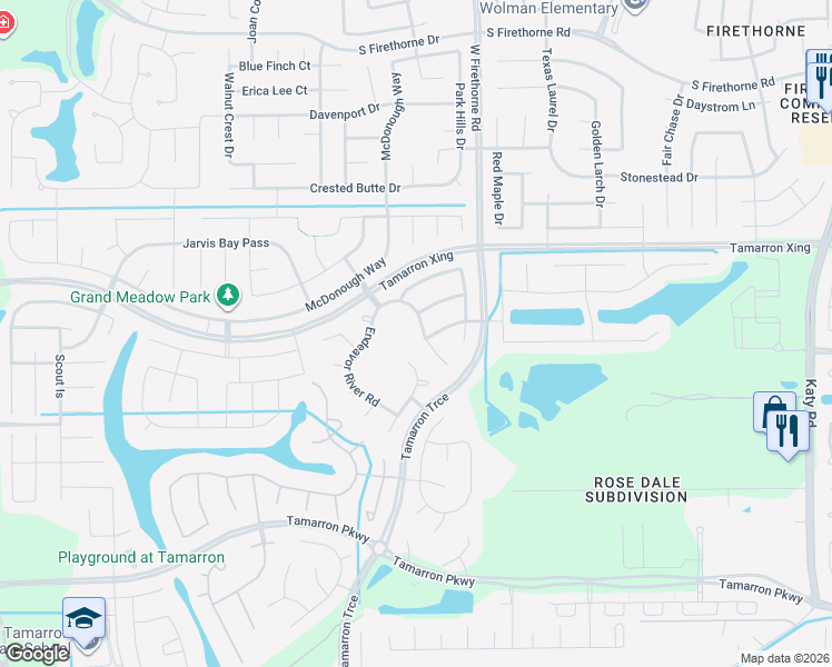 map of restaurants, bars, coffee shops, grocery stores, and more near 3038 Francisco Bay Place in Katy