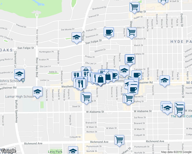map of restaurants, bars, coffee shops, grocery stores, and more near 2405 Locke Lane in Houston