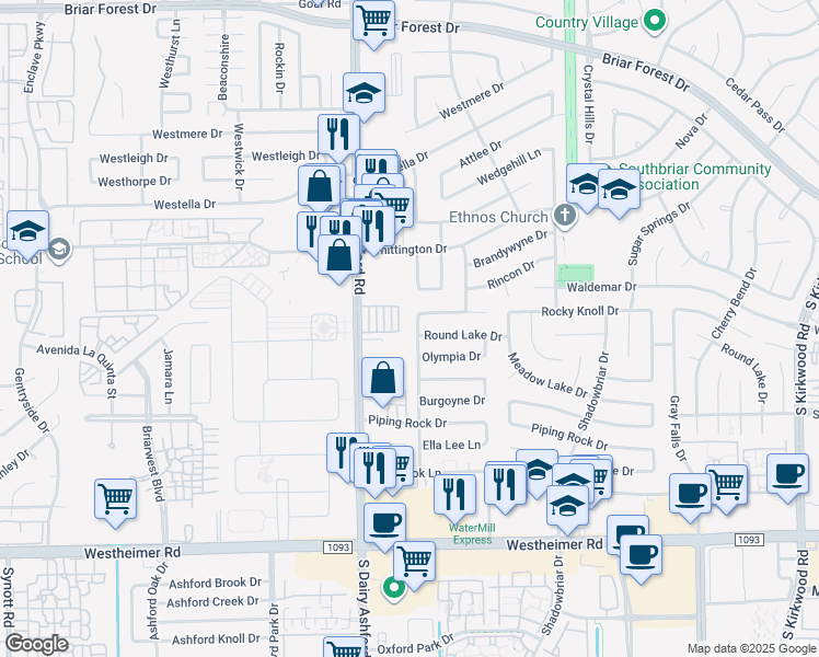 map of restaurants, bars, coffee shops, grocery stores, and more near 2018 Ashford Hollow Lane in Houston