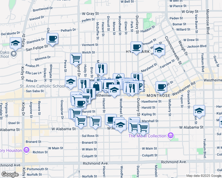 map of restaurants, bars, coffee shops, grocery stores, and more near 2505 Driscoll St in Houston