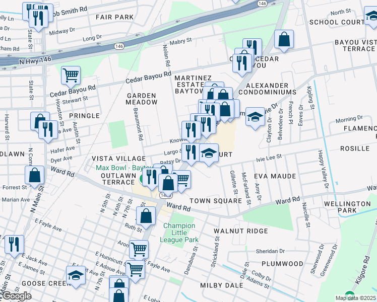 map of restaurants, bars, coffee shops, grocery stores, and more near 1104 Largo Street in Baytown