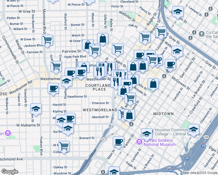 map of restaurants, bars, coffee shops, grocery stores, and more near 9 Courtlandt Place in Houston
