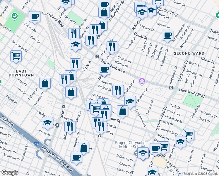 map of restaurants, bars, coffee shops, grocery stores, and more near 3919 Walker Street in Houston