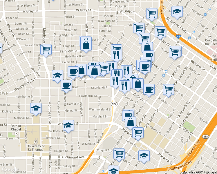 map of restaurants, bars, coffee shops, grocery stores, and more near 9 Courtlandt Place in Houston