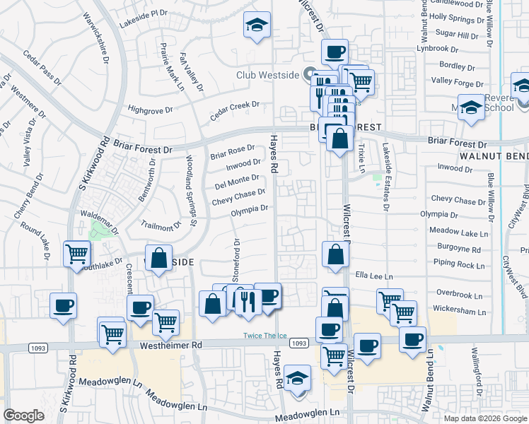 map of restaurants, bars, coffee shops, grocery stores, and more near 11311 Olympia Dr in Houston