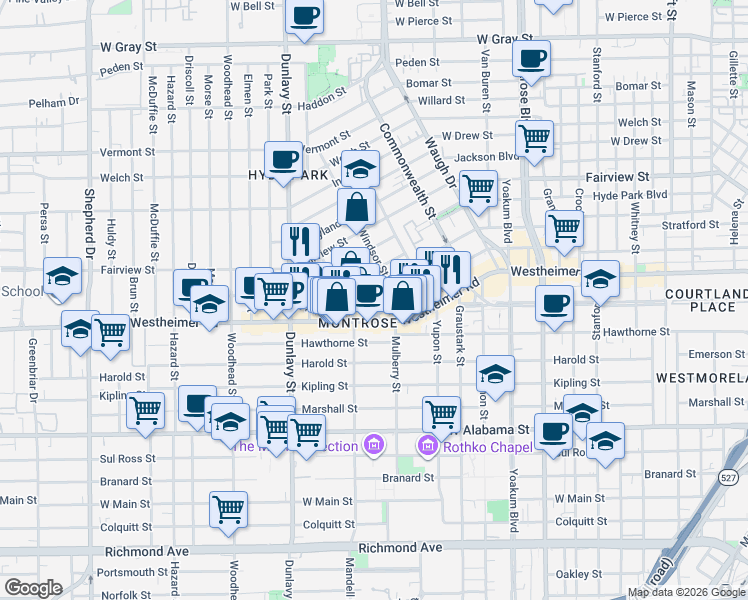 map of restaurants, bars, coffee shops, grocery stores, and more near 1721 Missouri Street in Houston