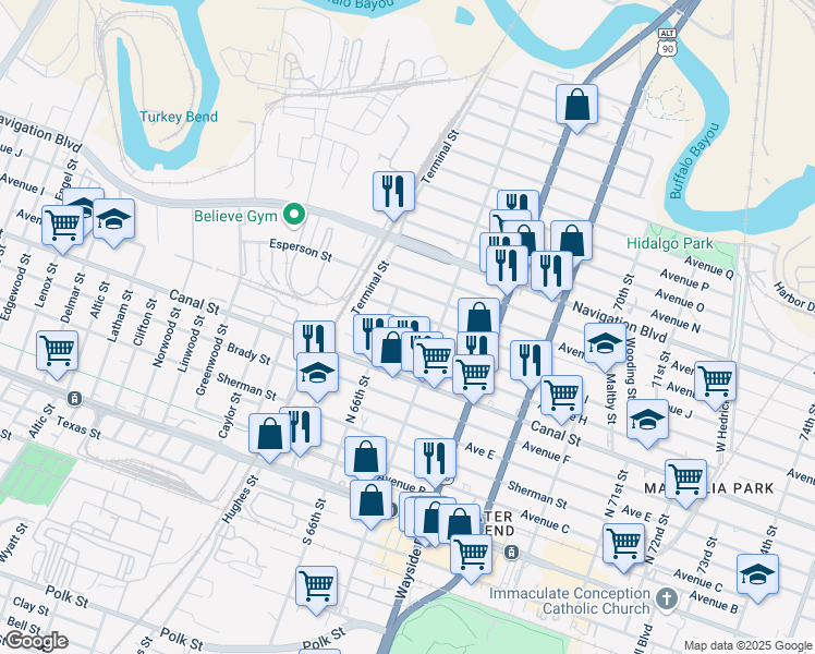map of restaurants, bars, coffee shops, grocery stores, and more near 6611 Avenue I in Houston