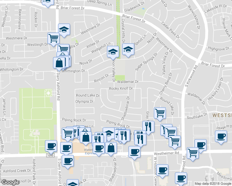map of restaurants, bars, coffee shops, grocery stores, and more near 1915 Round Lake Drive in Houston