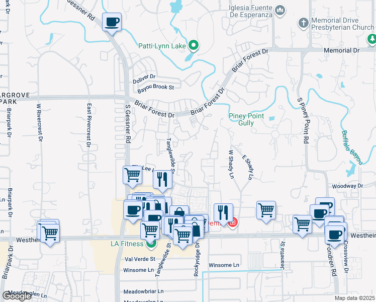map of restaurants, bars, coffee shops, grocery stores, and more near 9550 Ella Lee Lane in Houston