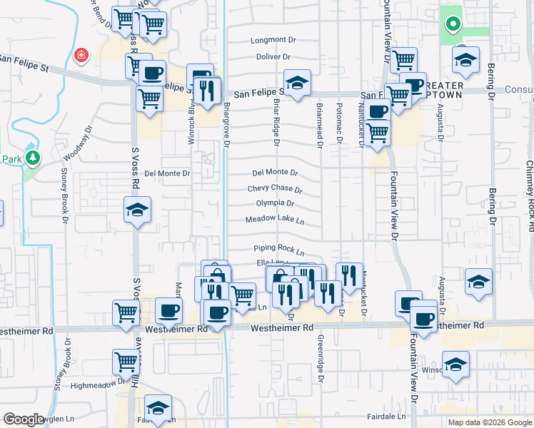 map of restaurants, bars, coffee shops, grocery stores, and more near 6212 Meadow Lake Lane in Houston