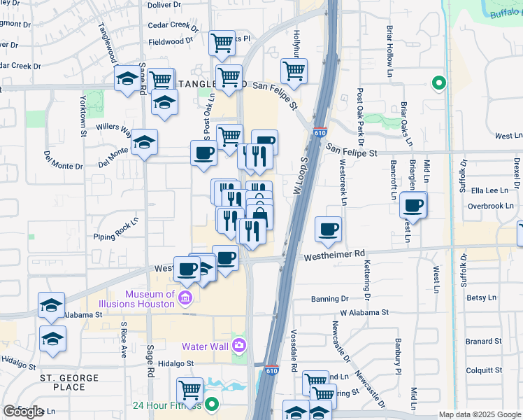 map of restaurants, bars, coffee shops, grocery stores, and more near 2335 Post Oak Boulevard in Houston