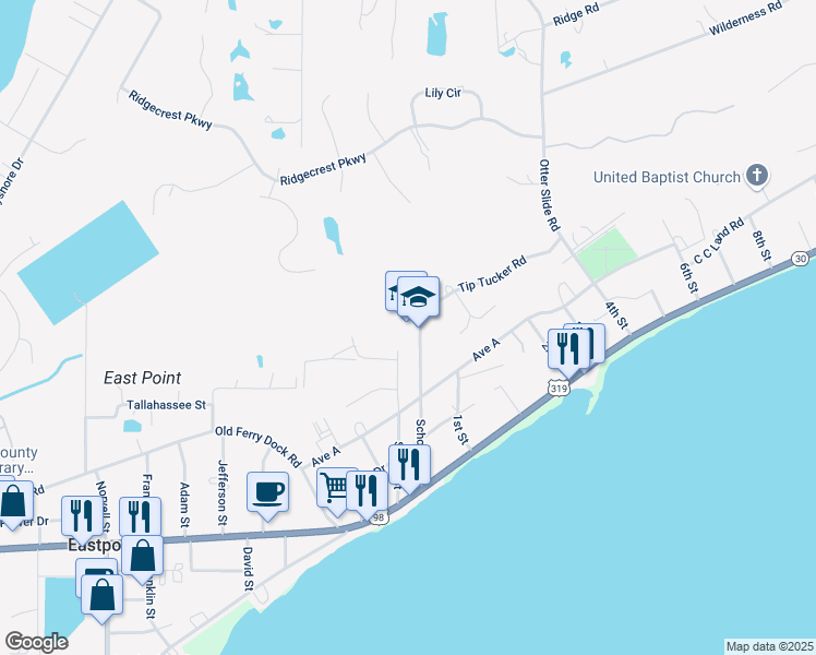 map of restaurants, bars, coffee shops, grocery stores, and more near 85 School Road in Eastpoint