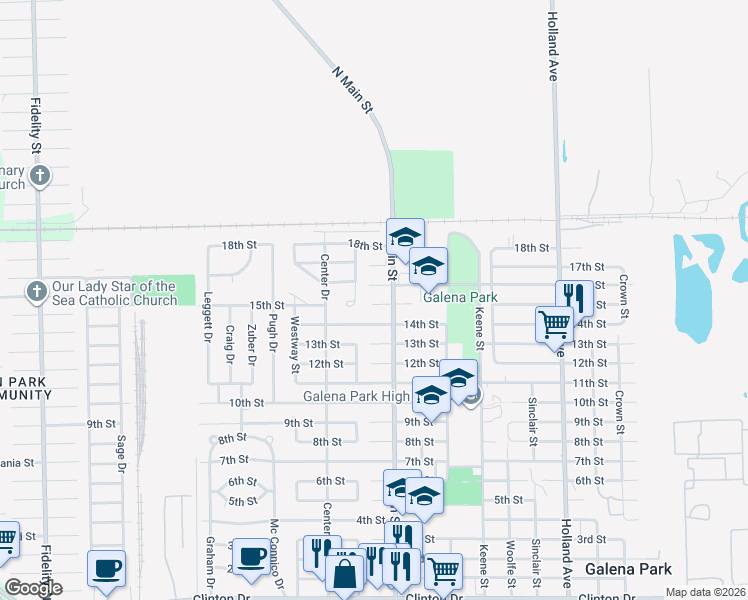 map of restaurants, bars, coffee shops, grocery stores, and more near 1909 15th Street in Galena Park
